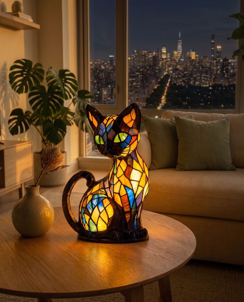 LumiCat Stained-Glass-Effect Lamp