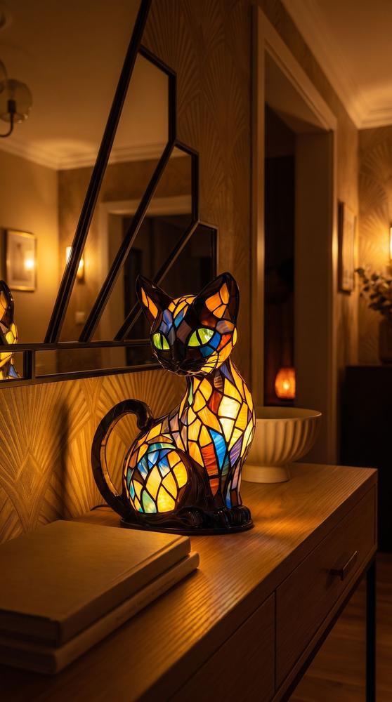 LumiCat Stained-Glass-Effect Lamp