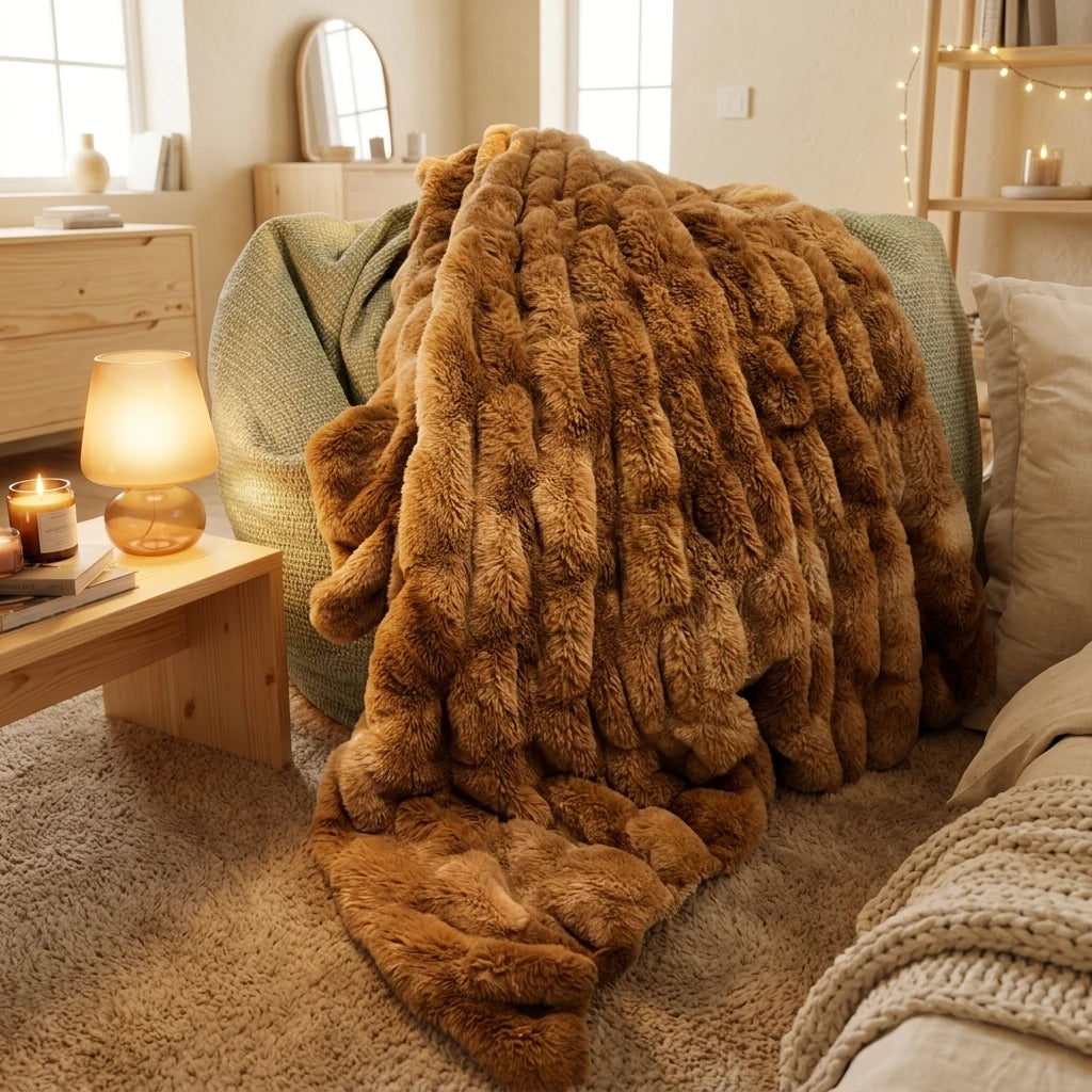 Ruched Faux Fur Throw Blanket