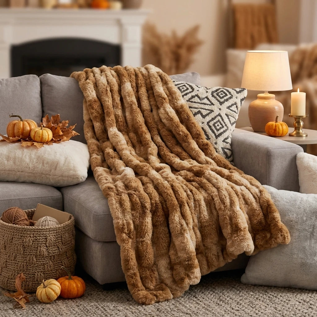 Ruched Faux Fur Throw Blanket