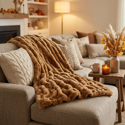 Ruched Faux Fur Throw Blanket