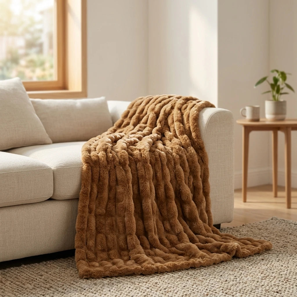 Ruched Faux Fur Throw Blanket