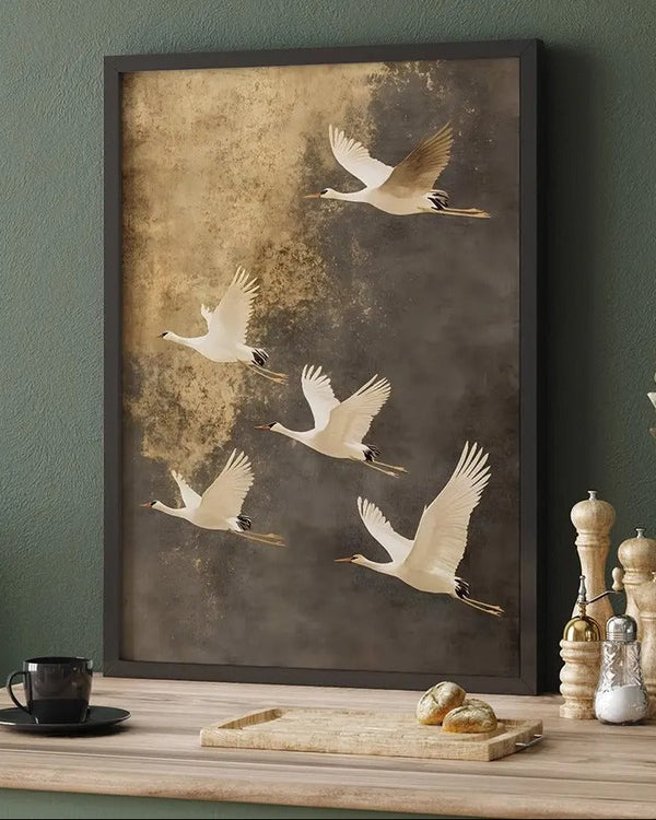 Vintage Style Flying Cranes Art Print