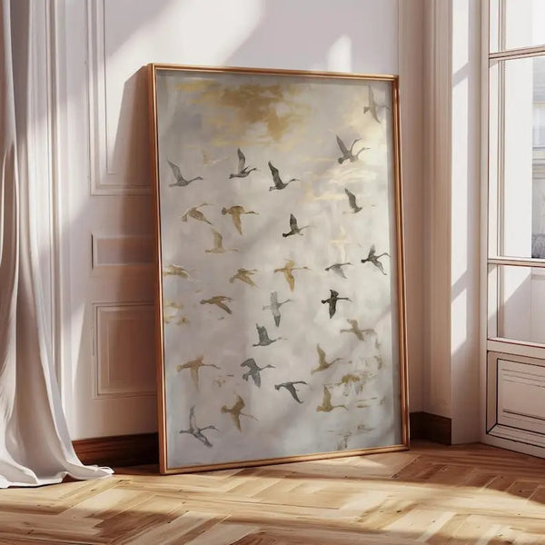 Golden Ascension: Celestial Bird Migration Canvas Print