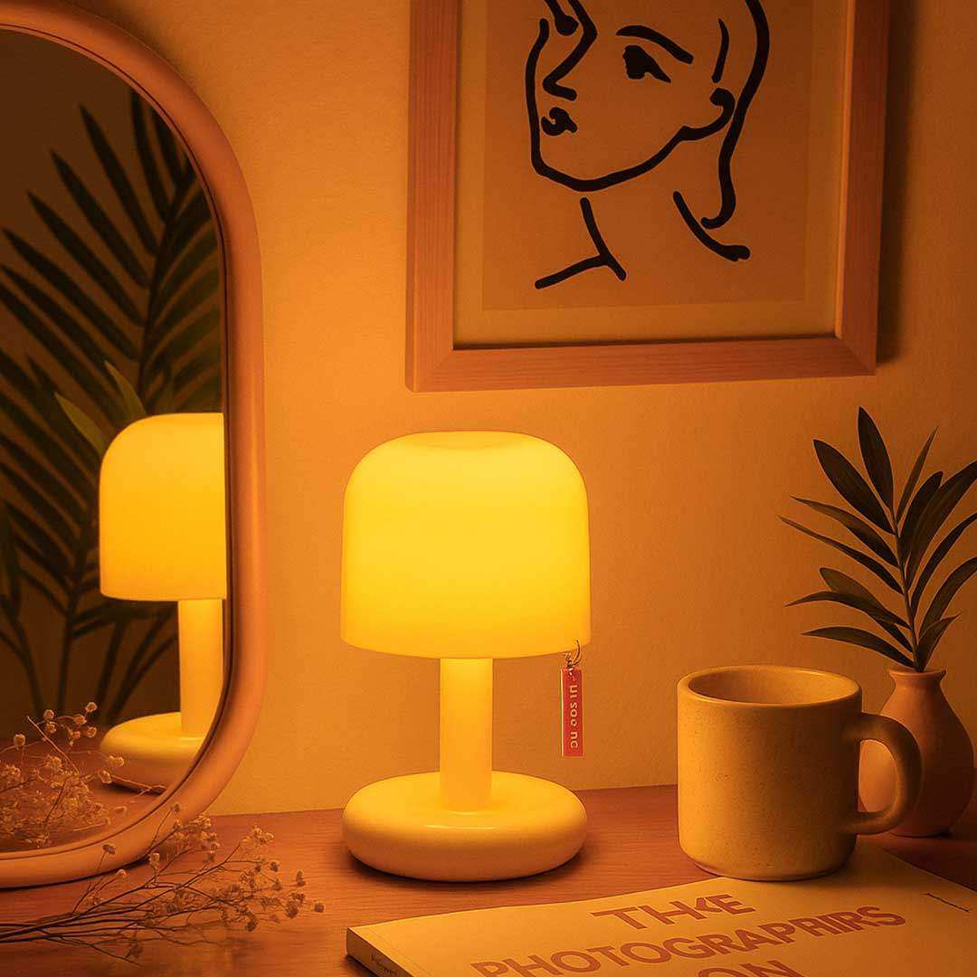 Mini Ambient Mushroom Light – rechargeable touch lamp in warm orange – STUDIO GONKA