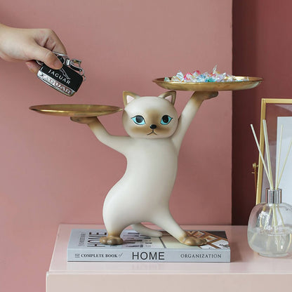 The Muse Cat Tray – glossy cat sculpture with stainless steel tray – STUDIO GONKA