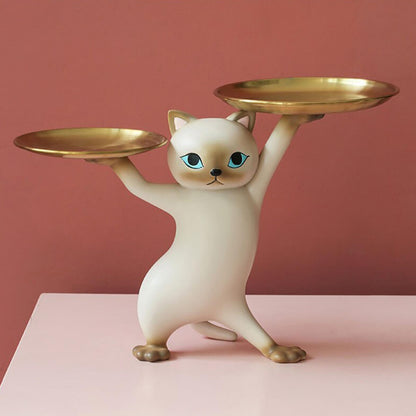 The Muse Cat Tray – glossy cat sculpture with stainless steel tray – STUDIO GONKA